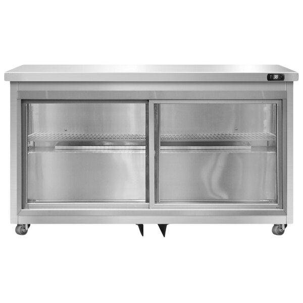 A Continental Refrigerator stainless steel undercounter refrigerator with sliding glass doors.