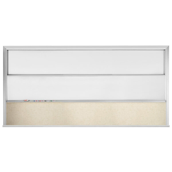 A white stationary marker board with two vertical sliding marker boards and a kick panel.