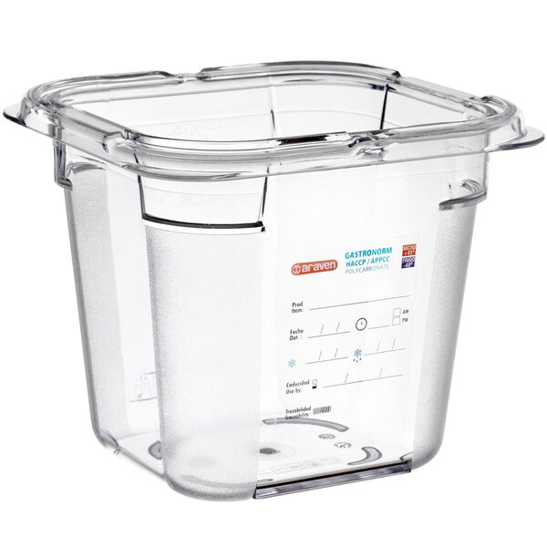 An Araven clear plastic food pan with a lid.
