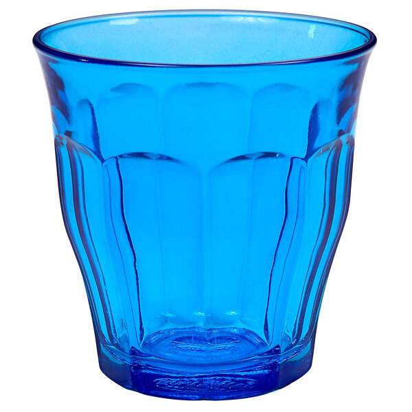 A stackable blue Duralex Picardie glass tumbler.