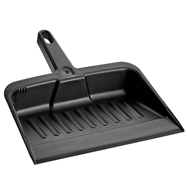 A black Rubbermaid plastic dust pan with a handle.