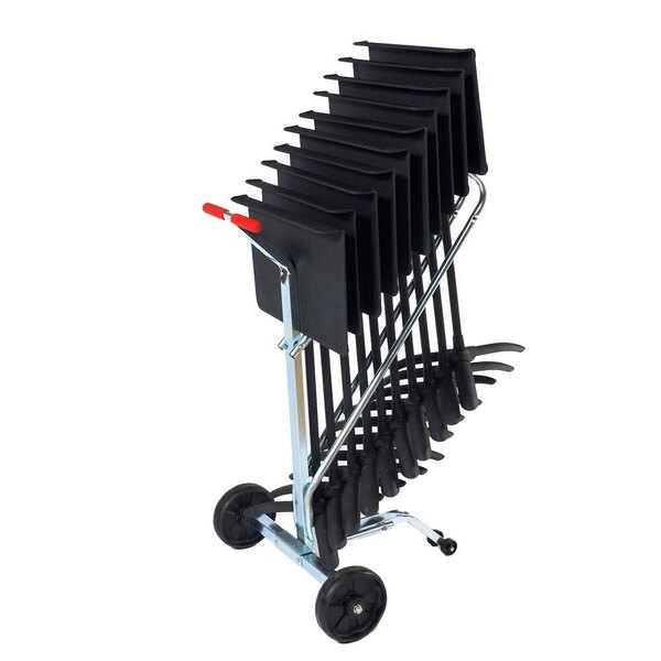 A black trolley with a stack of National Public Seating Melody Music Stand Dollies on it.