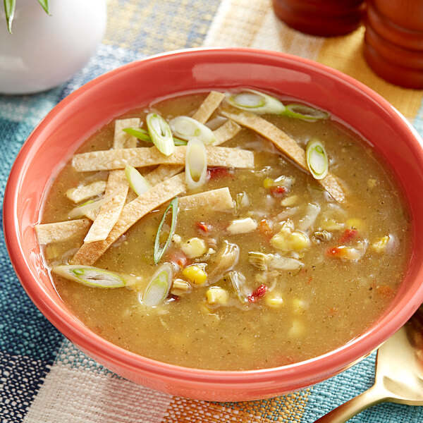 A bowl of Knorr Chicken Tortilla Soup with tortilla chips and green onions.