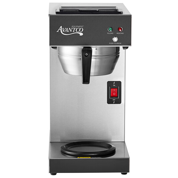 An Avantco silver and black automatic coffee maker with a bowl on the side.