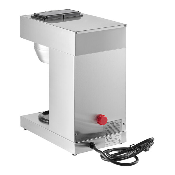 An automatic coffee maker with a lower decanter warmer, featuring a stainless steel body and an attached power cord.