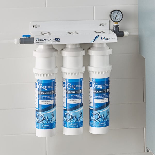 C Pure Oceanloch-L3 Triple Water Filtration System with Oceanloch-L3 Cartridges and Outlet Pressure Gauge - 1 Micron Rating and 5 GPM