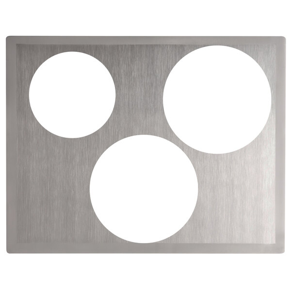 A metal adapter plate with white circles in a metal frame.