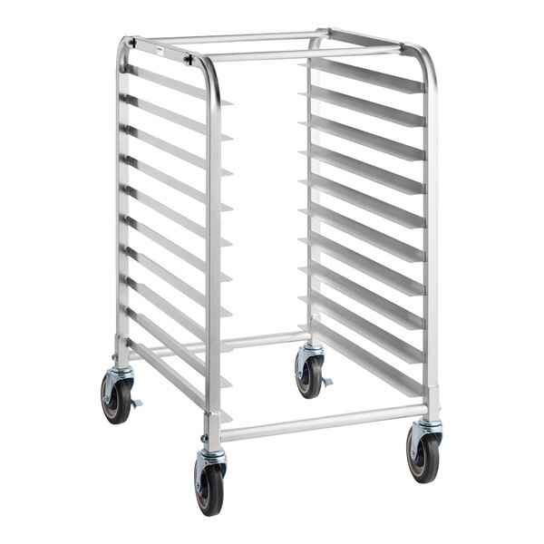 A metal rack with ten horizontal slots and four caster wheels, designed for holding trays or pans.