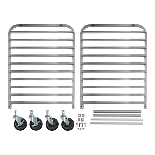 An unassembled metal rack kit with two side frames, four caster wheels, several horizontal support bars, and a set of screws and fasteners.