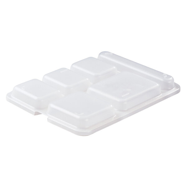 A white Cambro co-polymer lid with six square compartments.