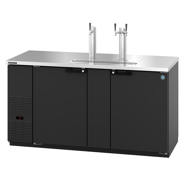 A black and silver Hoshizaki kegerator with two taps.