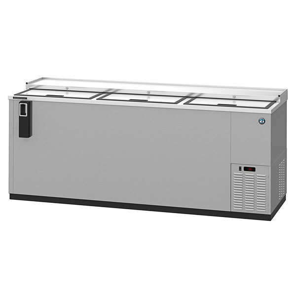 A white stainless steel Hoshizaki horizontal bottle cooler with black trim.