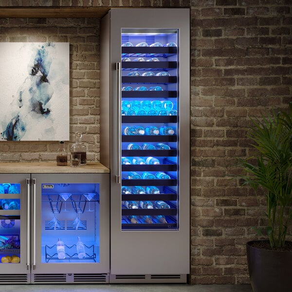 A Perlick wine refrigerator with blue lights on it.