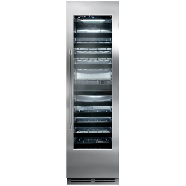 A Perlick stainless steel wine refrigerator with a full glass door.