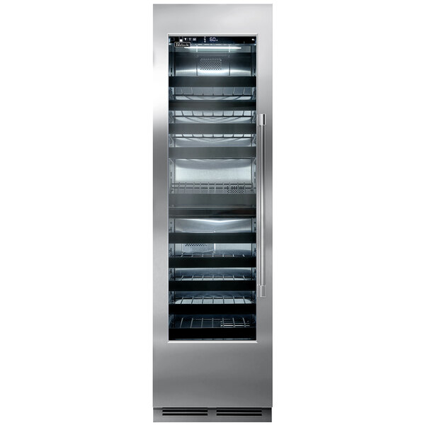A Perlick stainless steel wine refrigerator with full glass doors.