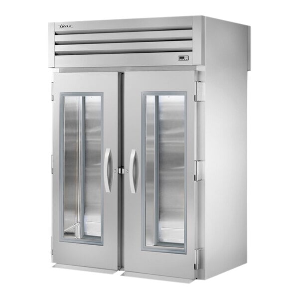 The stainless steel doors of a True Spec Series roll-through refrigerator.