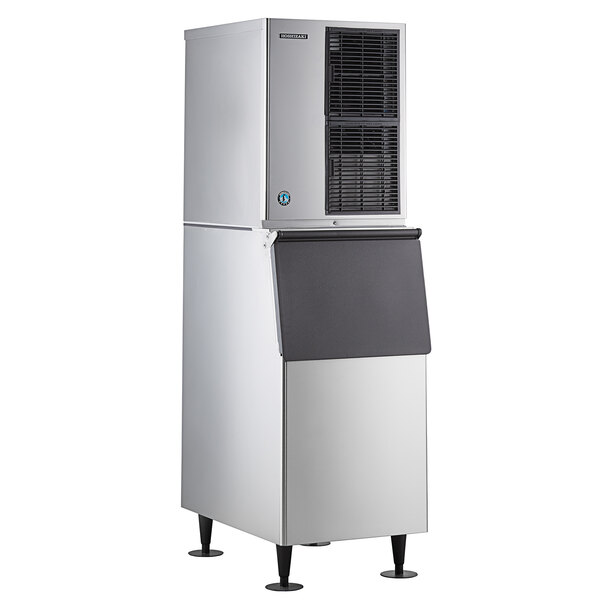A stainless steel Hoshizaki air cooled ice machine with a black lid.