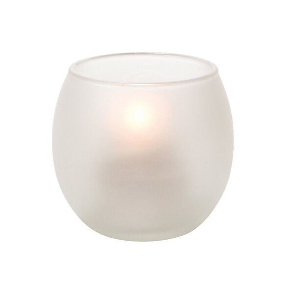 A lit candle in a small satin crystal glass bubble candle holder.