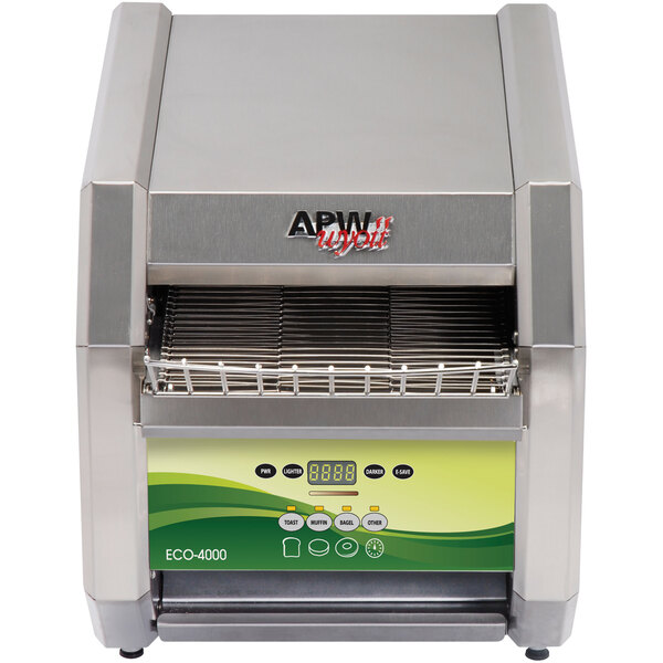 An APW Wyott conveyor toaster on a counter.