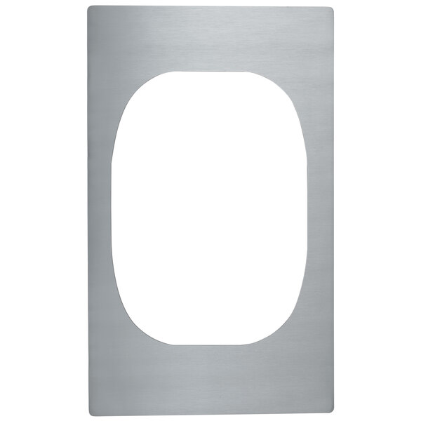 A silver rectangular stainless steel adapter plate with a white oval opening.