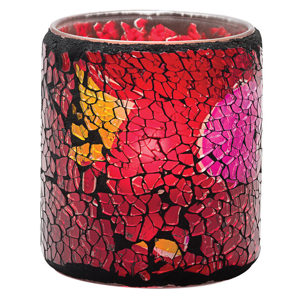 A red and gold frosted crackle glass Hollowick candle holder.