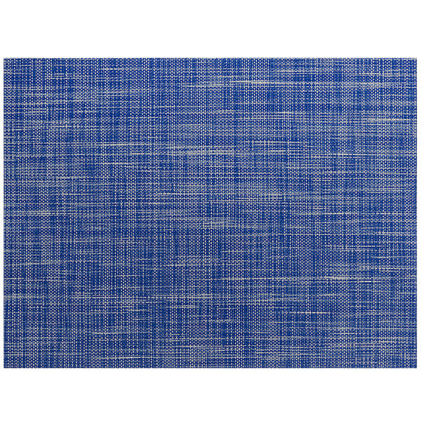 A blue woven vinyl rectangle placemat with a blue and white mesh border.