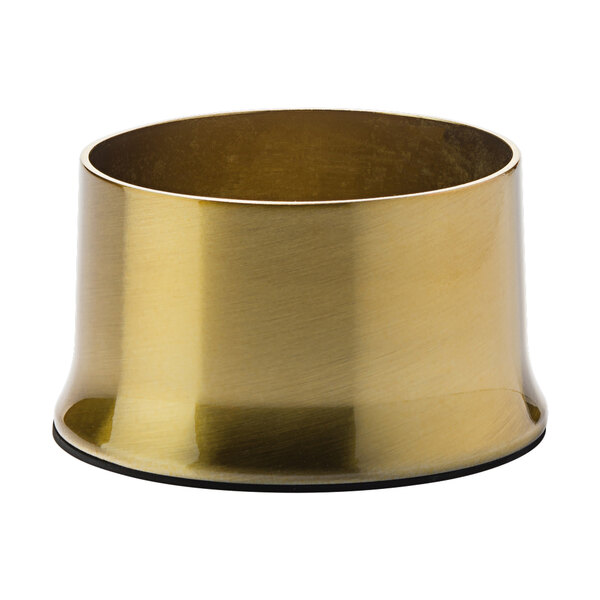 A brass metal ring with a black rubber base.