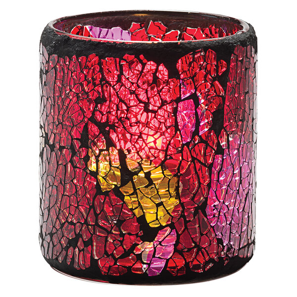 A Hollowick red and gold mosaic glass votive candle holder.