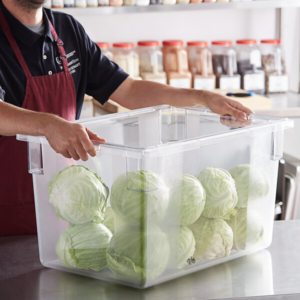 A person in an apron holding a Vigor clear polycarbonate food storage box filled with cabbages.