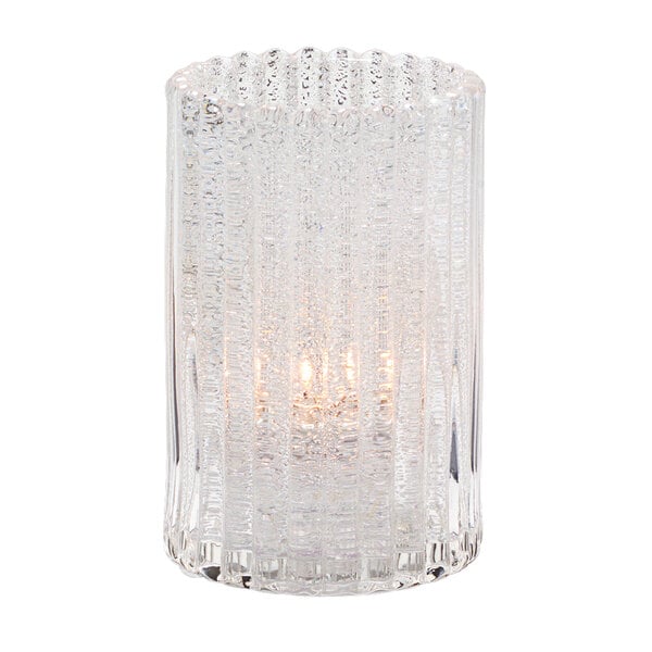 A clear glass Hollowick cylinder candle holder.