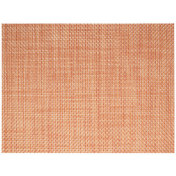 An apricot woven vinyl rectangle placemat with a basketweave design in orange and yellow.