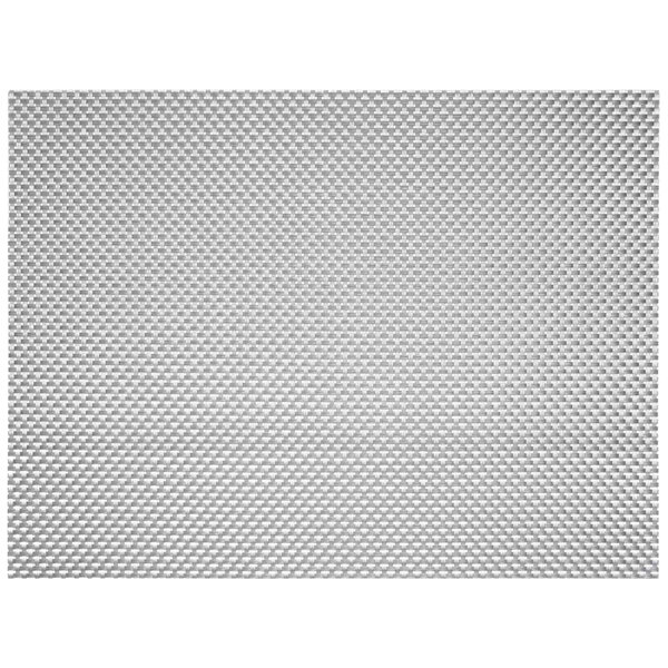 A white rectangular woven vinyl placemat with a basketweave pattern in pewter.