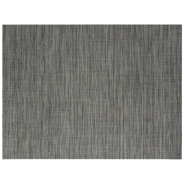 A close-up of a black tweed woven vinyl rectangle placemat with a white background.
