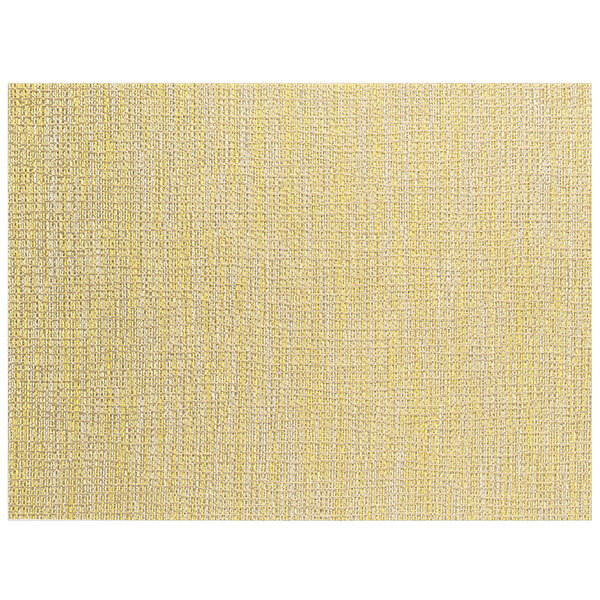 A close-up of a yellow and white woven vinyl rectangle placemat.