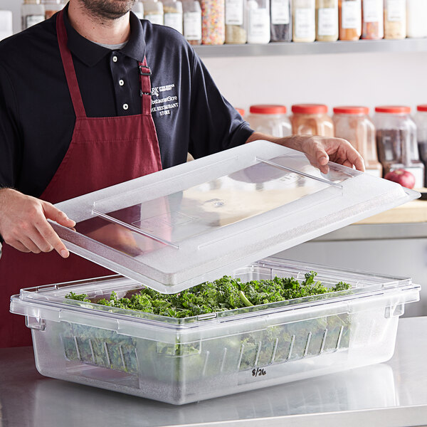 A person holding a Vigor clear plastic container with a flat lid over a container of green leaves.