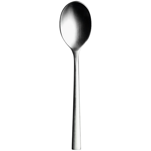 A close-up of a Sola stainless steel coffee spoon with a silver handle.