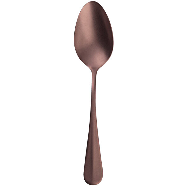 A Sola vintage copper dessert spoon with a long, skinny handle.