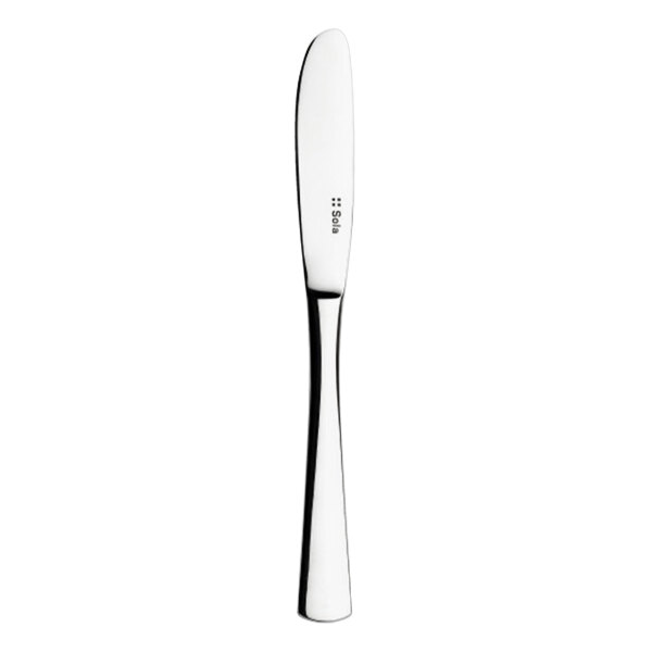 A Sola stainless steel butter knife with a white handle and a silver blade.