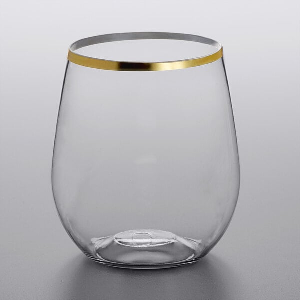 Visions 12 oz. Heavy Weight Clear Plastic Stemless Wine Glass with Gold Rim  - 64/Case