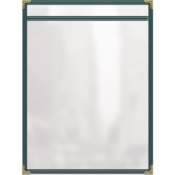 A white rectangular object with a green border and gold trim.