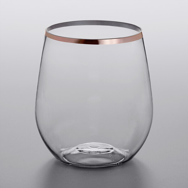 Visions 12 oz. Heavy Weight Clear Plastic Stemless Wine with Rose Gold Rim -