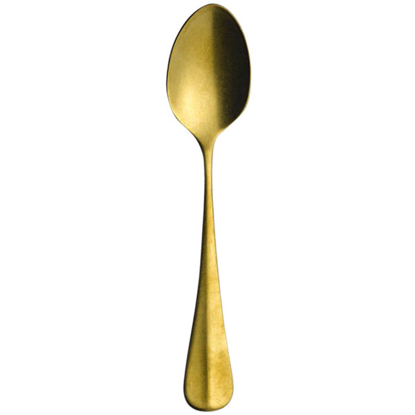 A gold Sola Baguette stainless steel dessert spoon with a long handle.