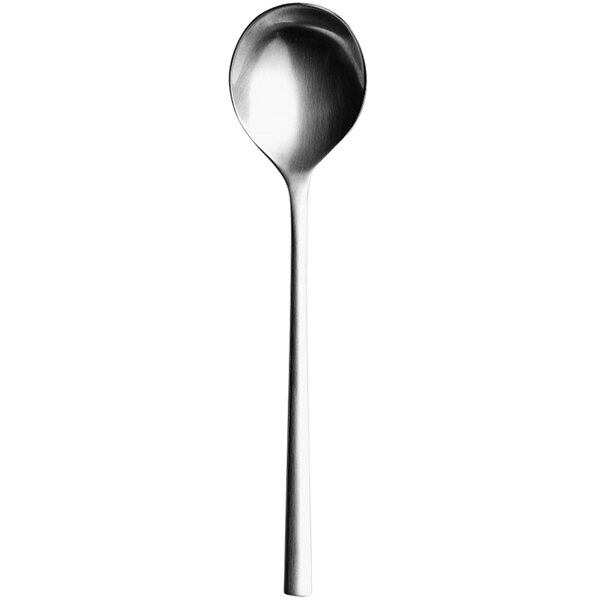 A Sola stainless steel bouillon spoon with a long handle.