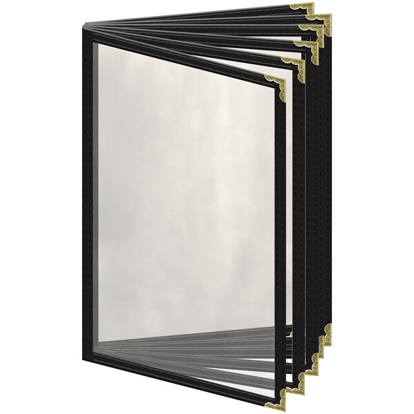 A black rectangular menu cover with gold corners and a gold rectangular frame.