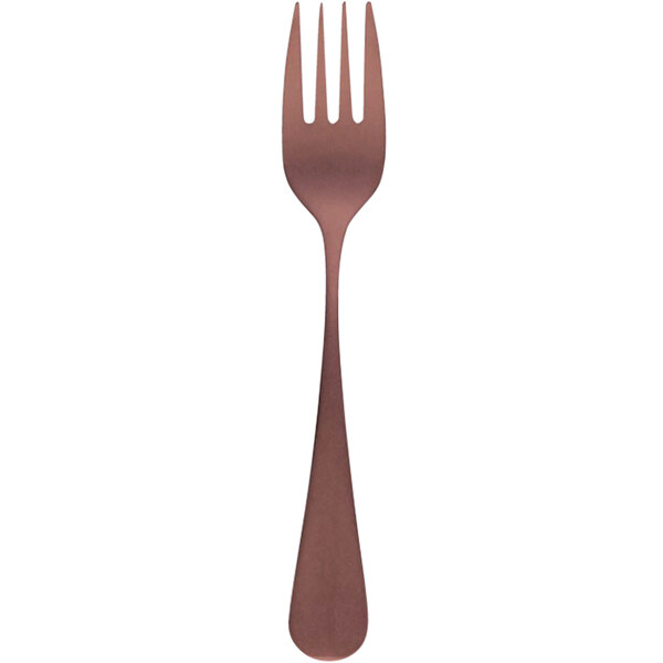 A Sola stainless steel cake fork with a brown handle.
