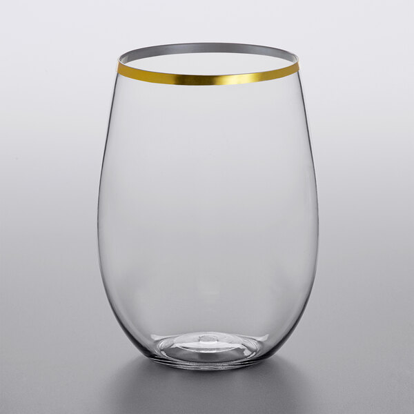 Visions 16 oz. Heavy Weight Clear Plastic Stemless Wine Glass with Gold Rim  - 64/Case