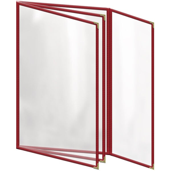 A red plastic menu cover with gold corners and a glossy finish with eight clear panels.