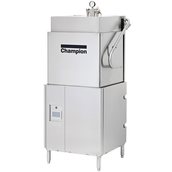 A large stainless steel Champion door-type dishwashing machine.