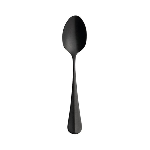 A black spoon with a long handle.