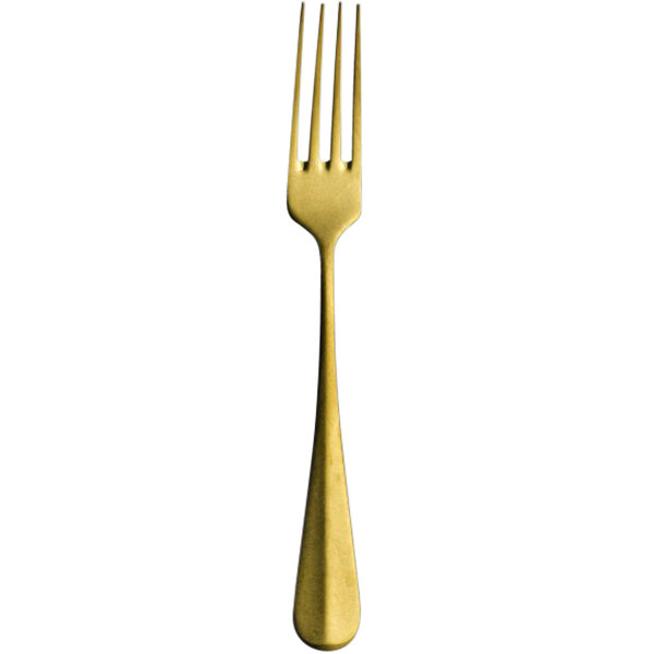 A close-up of a Sola Baguette Vintage Gold stainless steel dessert fork with a yellow handle.